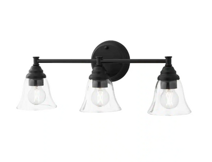 Hampton Bay Marsden 23.5 in. 3-Light Matte Black Transitional Vanity with Clear Glass Shades