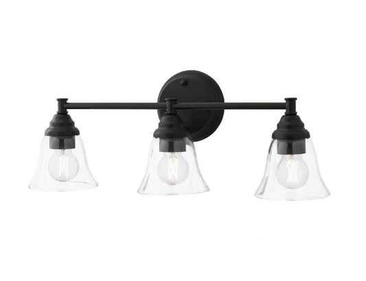 Hampton Bay Marsden 23.5 in. 3-Light Matte Black Transitional Vanity with Clear Glass Shades
