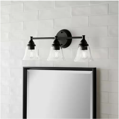 Hampton Bay Marsden 23.5 in. 3-Light Matte Black Transitional Vanity with Clear Glass Shades