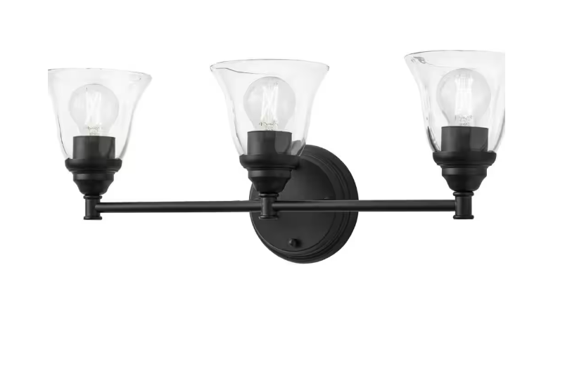 Hampton Bay Marsden 23.5 in. 3-Light Matte Black Transitional Vanity with Clear Glass Shades