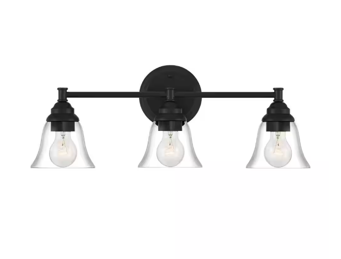 Hampton Bay Marsden 23.5 in. 3-Light Matte Black Transitional Vanity with Clear Glass Shades