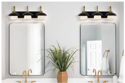 Alsy 26 in. 3-Light Black with Gold Vanity Light with Metal and Glass Shade