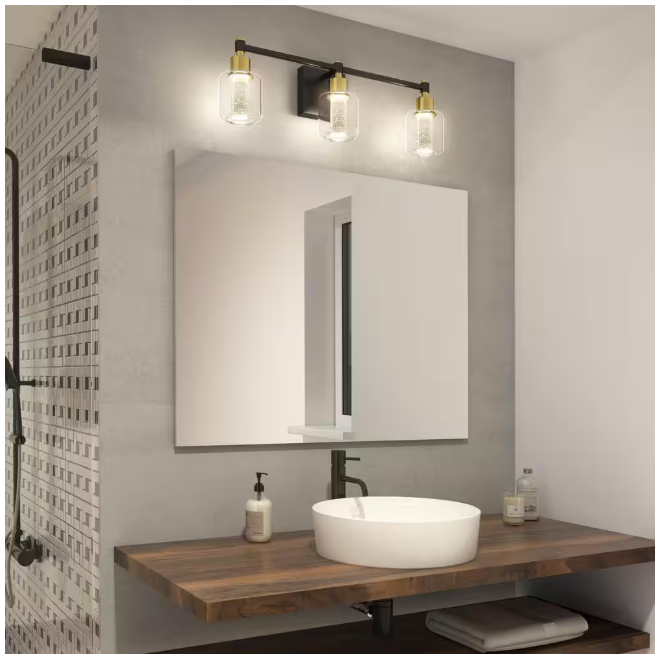Artika Champagne Globe 26 in. 3 Light Black & Gold Modern Integrated LED 5 CCT Vanity Light Bar for Bathroom with Bubble Glass