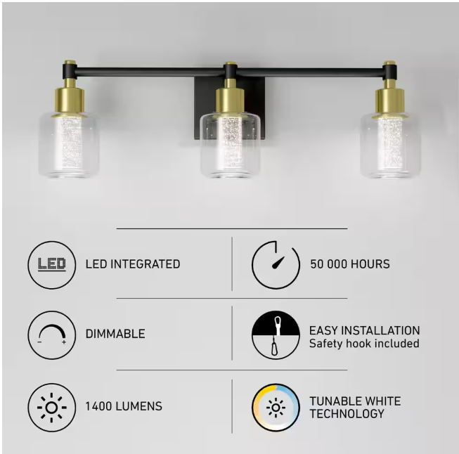 Artika Champagne Globe 26 in. 3 Light Black & Gold Modern Integrated LED 5 CCT Vanity Light Bar for Bathroom with Bubble Glass