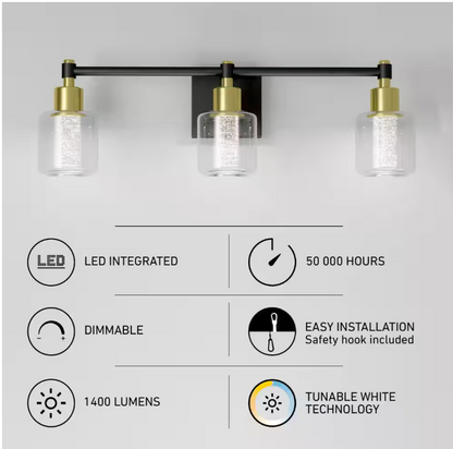 Artika Champagne Globe 26 in. 3 Light Black & Gold Modern Integrated LED 5 CCT Vanity Light Bar for Bathroom with Bubble Glass