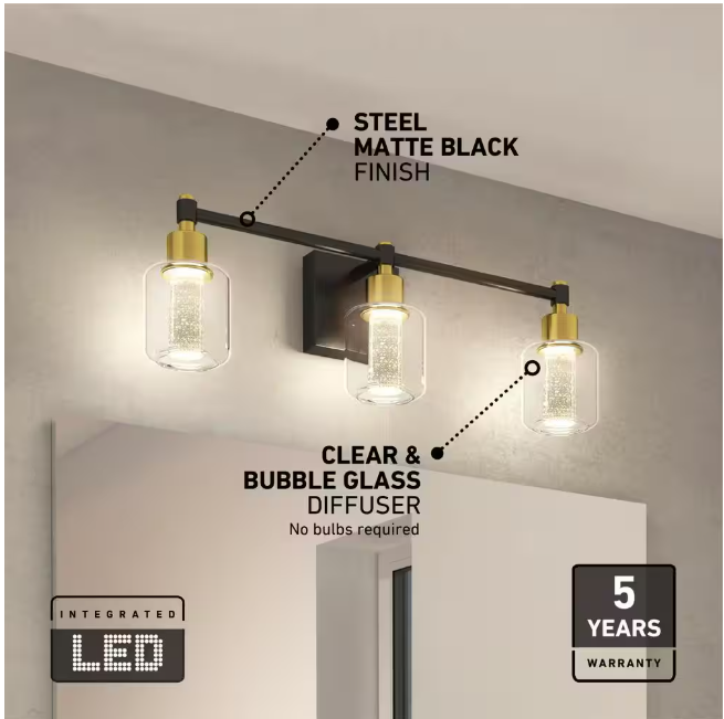 Artika Champagne Globe 26 in. 3 Light Black & Gold Modern Integrated LED 5 CCT Vanity Light Bar for Bathroom with Bubble Glass