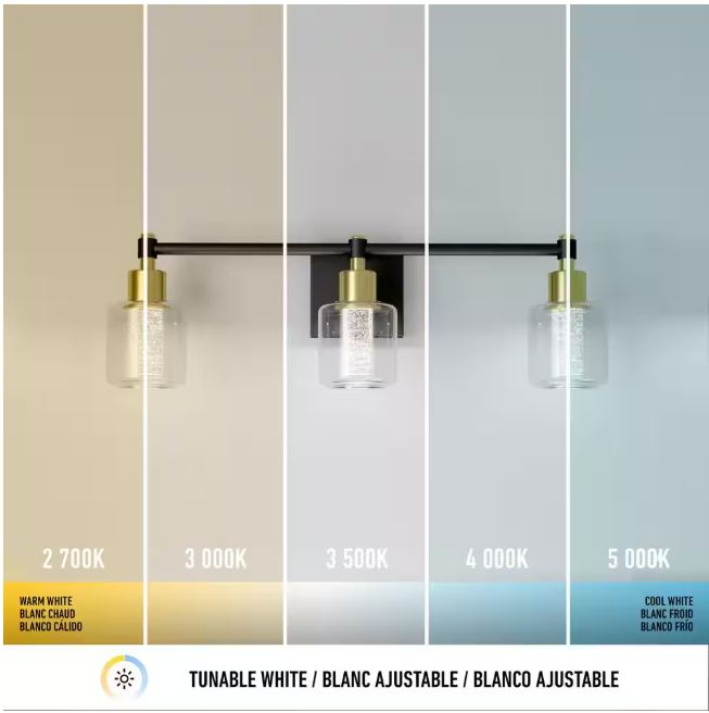 Artika Champagne Globe 26 in. 3 Light Black & Gold Modern Integrated LED 5 CCT Vanity Light Bar for Bathroom with Bubble Glass