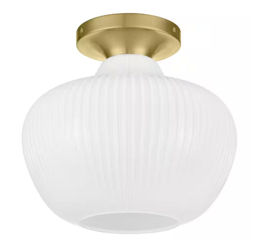 Home Decorators Collection Pompton 12 in. 1-Light Gold Semi-Flush Mount Ceiling Light Fixture with White Ribbed Glass