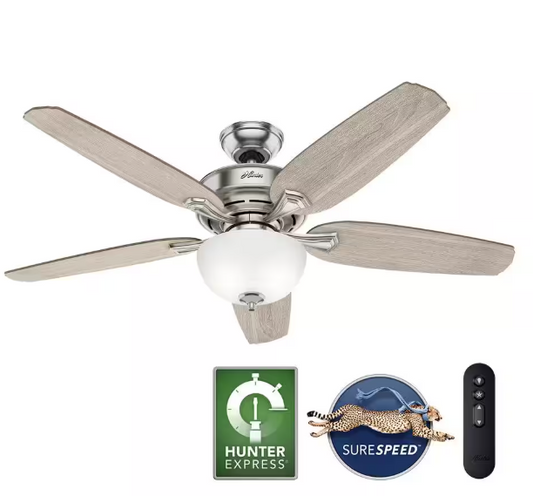 Hunter Channing 54 in. Hunter Express Indoor Brushed Nickel Ceiling Fan with Remote and Light Kit Included