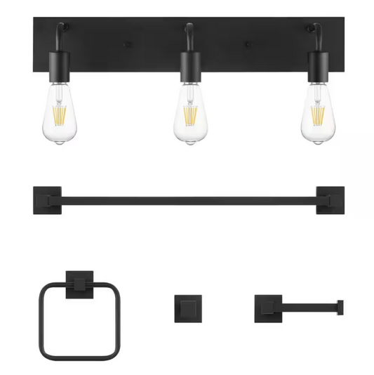 Hampton Bay Northvale 24 in. 3-Light Matte Black Vanity Light with Bath Hardware Kit (4-Piece)
