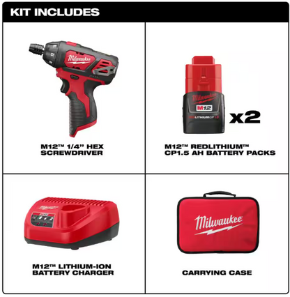 Milwaukee M12 12V Lithium-Ion Cordless 1/4 in. Hex Screwdriver Kit with Two 1.5Ah Batteries, Charger and Tool Bag