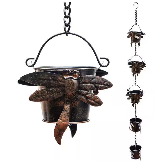 Trademark Innovations Rain Chain Copper Colored Bucket with Dragonfly Design for Gutters and Downspouts