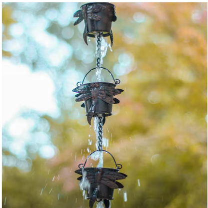 Trademark Innovations Rain Chain Copper Colored Bucket with Dragonfly Design for Gutters and Downspouts