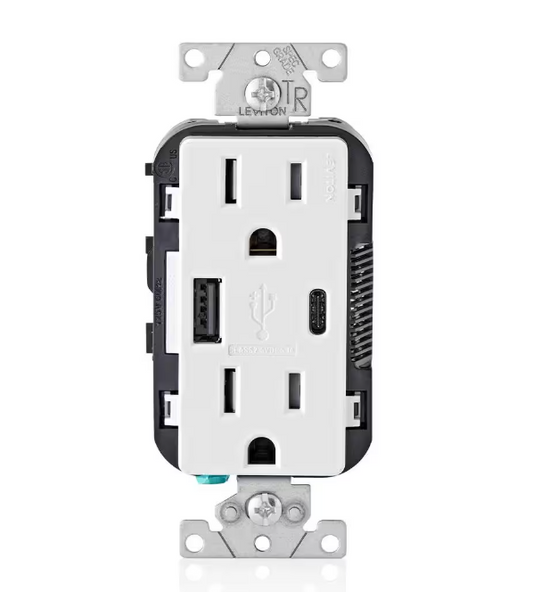 Leviton 15 Amp Decora Type A and C USB Charger Tamper-Resistant Outlet, White T5633-BW