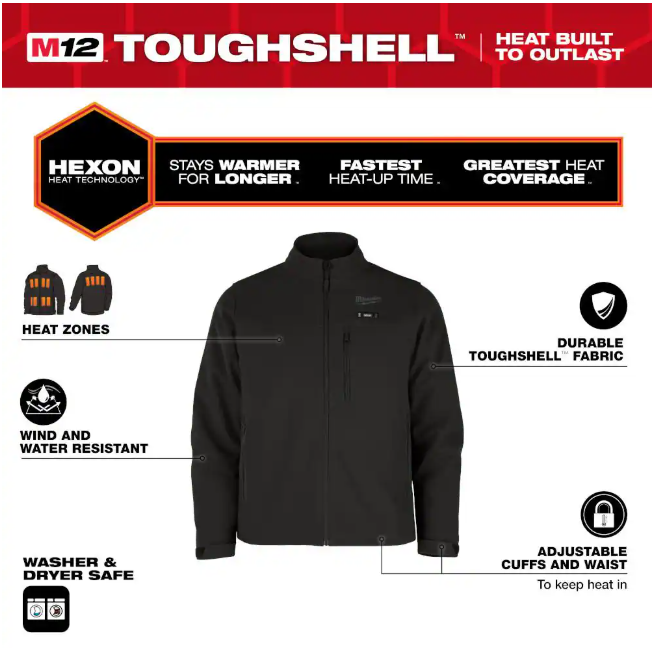 Milwaukee Men's Large M12 12-Volt Lithium-Ion Cordless Tough Shell Black Heated Jacket with (1) 3.0 Ah Battery and Charger