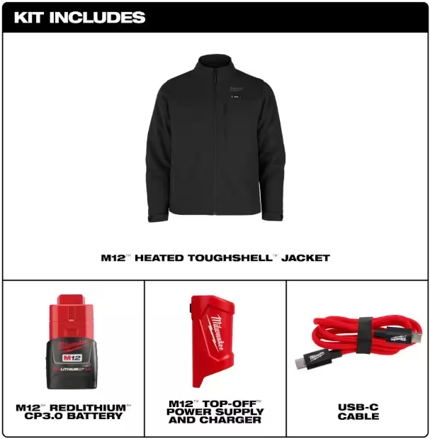 Milwaukee Men's Large M12 12-Volt Lithium-Ion Cordless Tough Shell Black Heated Jacket with (1) 3.0 Ah Battery and Charger