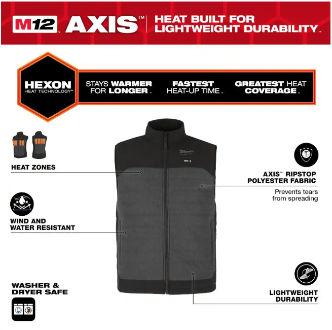 Milwaukee Men's X-Large M12 12-Volt Lithium-Ion Cordless Axis Gray Heated Quilted Vest Kit with One 2.0 Ah Battery and Charger