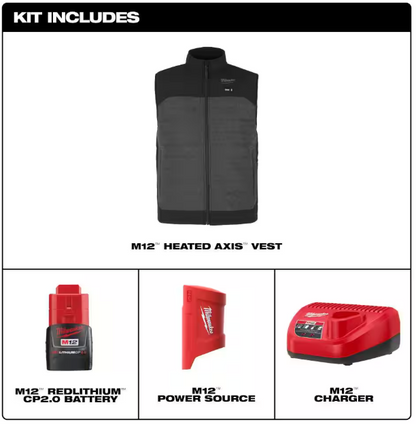 Milwaukee Men's X-Large M12 12-Volt Lithium-Ion Cordless Axis Gray Heated Quilted Vest Kit with One 2.0 Ah Battery and Charger