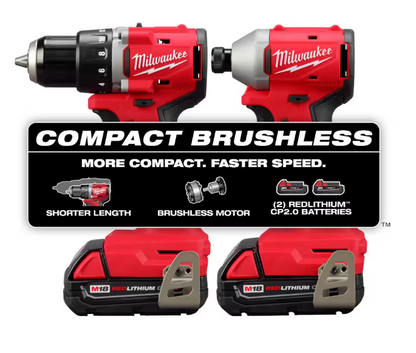 Milwaukee M18 18V Lithium-Ion Brushless Cordless Compact Drill/Impact Combo Kit (2-Tool) w/(2) 2.0 Ah Batteries, Charger & Bag