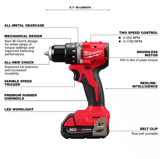 Milwaukee M18 18V Lithium-Ion Brushless Cordless Compact Drill/Impact Combo Kit (2-Tool) w/(2) 2.0 Ah Batteries, Charger & Bag