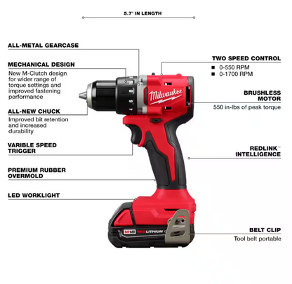 Milwaukee M18 18V Lithium-Ion Brushless Cordless Compact Drill/Impact Combo Kit (2-Tool) w/(2) 2.0 Ah Batteries, Charger & Bag