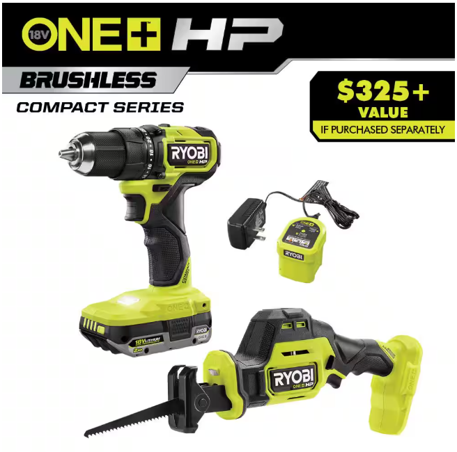 RYOBI ONE+ HP 18V Brushless Cordless Compact 2-Tool Combo Kit with Drill/Driver, One-Handed Recip Saw, 2 Ah Battery, & Charger