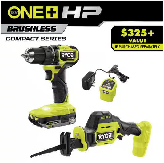 RYOBI ONE+ HP 18V Brushless Cordless Compact 2-Tool Combo Kit with Drill/Driver, One-Handed Recip Saw, 2 Ah Battery, & Charger