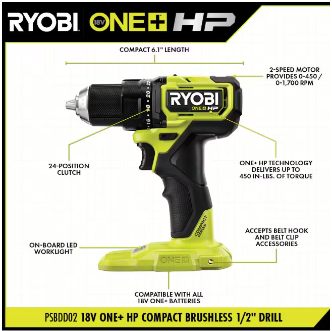 RYOBI ONE+ HP 18V Brushless Cordless Compact 2-Tool Combo Kit with Drill/Driver, One-Handed Recip Saw, 2 Ah Battery, & Charger