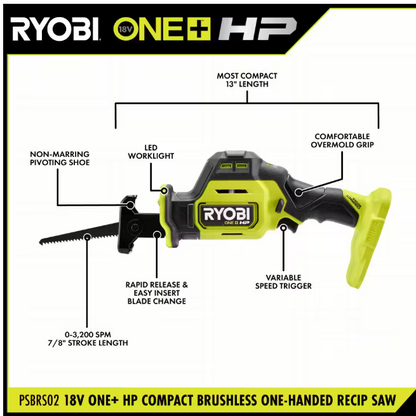 RYOBI ONE+ HP 18V Brushless Cordless Compact 2-Tool Combo Kit with Drill/Driver, One-Handed Recip Saw, 2 Ah Battery, & Charger