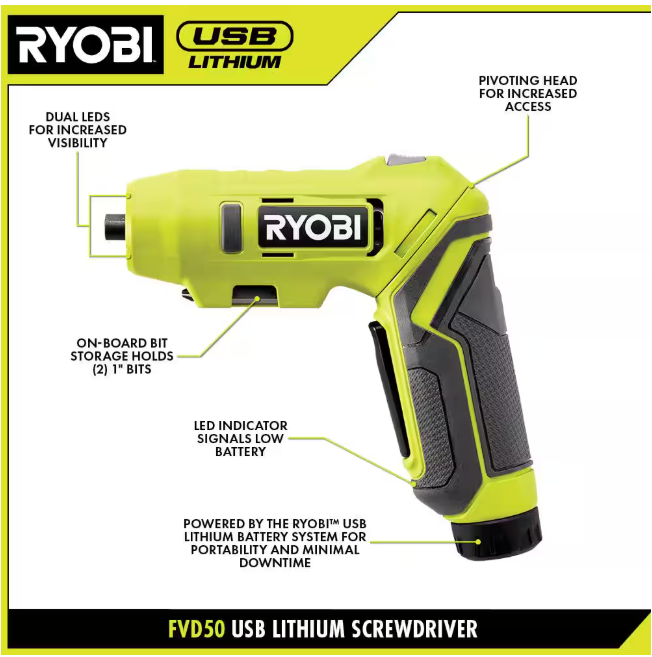 RYOBI USB Lithium Screwdriver Kit with 2.0 Ah USB Lithium Battery and Charging Cable