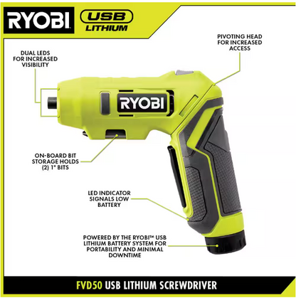 RYOBI USB Lithium Screwdriver Kit with 2.0 Ah USB Lithium Battery and Charging Cable