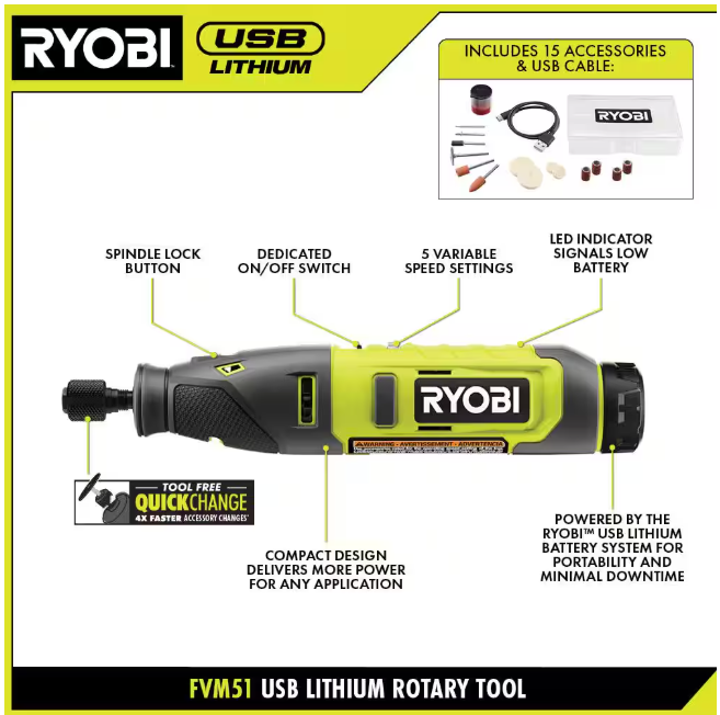 RYOBI USB Lithium Rotary Tool Kit with 2.0 Ah USB Lithium Battery and Charging Cable