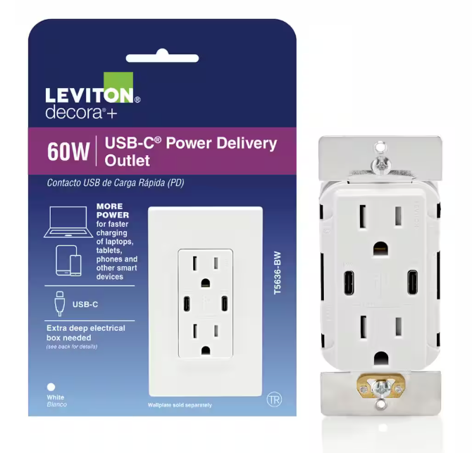 Leviton Decora 15 Amp Tamper Resistant Duplex Outlet with 60W USB-C Power Delivery Charger, White (1-Pack) T5636-BW