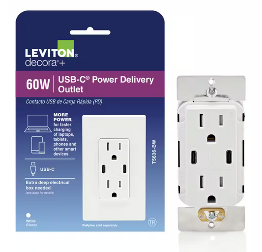 Leviton Decora 15 Amp Tamper Resistant Duplex Outlet with 60W USB-C Power Delivery Charger, White (1-Pack) T5636-BW