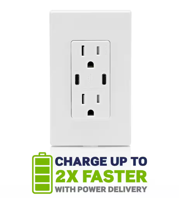 Leviton Decora 15 Amp Tamper Resistant Duplex Outlet with 60W USB-C Power Delivery Charger, White (1-Pack) T5636-BW