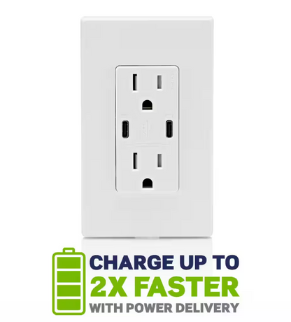 Leviton Decora 15 Amp Tamper Resistant Duplex Outlet with 60W USB-C Power Delivery Charger, White (1-Pack) T5636-BW