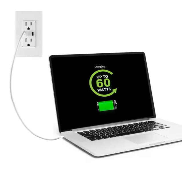 Leviton Decora 15 Amp Tamper Resistant Duplex Outlet with 60W USB-C Power Delivery Charger, White (1-Pack) T5636-BW