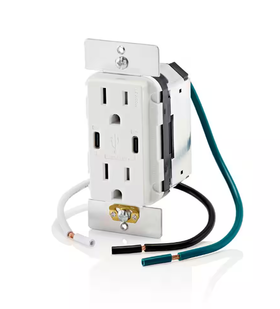 Leviton Decora 15 Amp Tamper Resistant Duplex Outlet with 60W USB-C Power Delivery Charger, White (1-Pack) T5636-BW