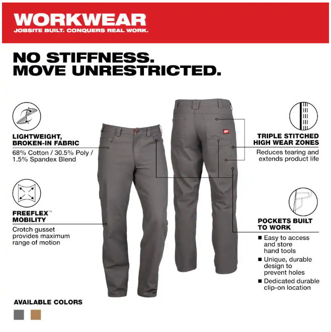 Milwaukee Men's 32 in. x 32 in. Gray Cotton/Polyester/Spandex Flex Work Pants with 6 Pockets