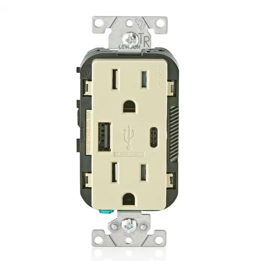 Leviton 15 Amp Decora Tamper-Resistant Duplex Outlet with Type A and C USB Charger, Ivory T5633-I