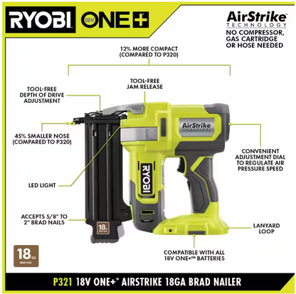 RYOBI ONE+ 18V 18-Gauge Cordless AirStrike Brad Nailer (Tool Only)