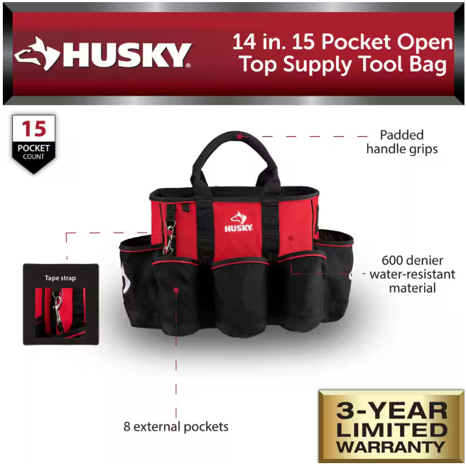 Husky 14 in. 15 Pocket Open Top Supply Tool Bag