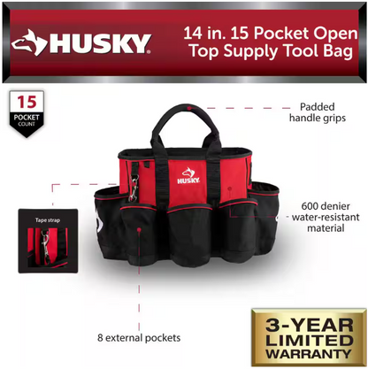 Husky 14 in. 15 Pocket Open Top Supply Tool Bag