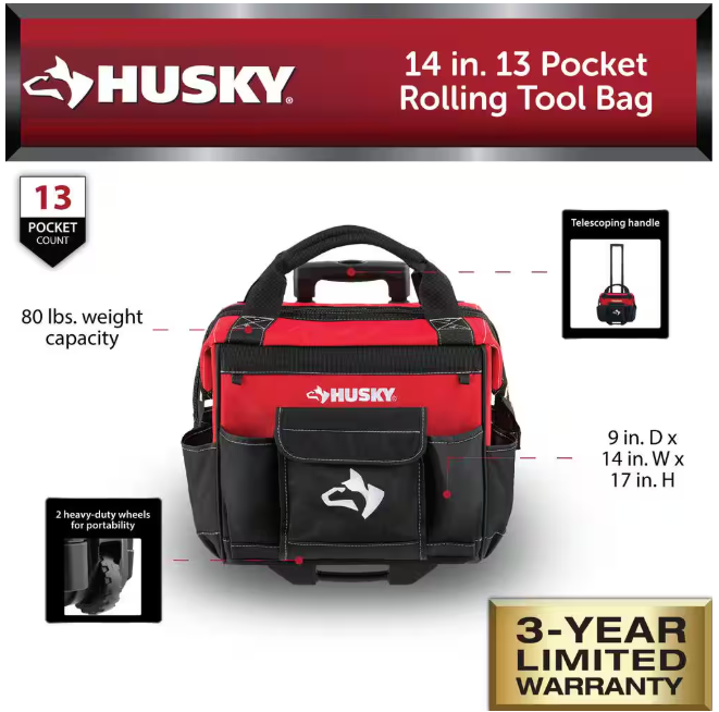 Husky 14 in. 13 Pocket Rolling Tool Bag