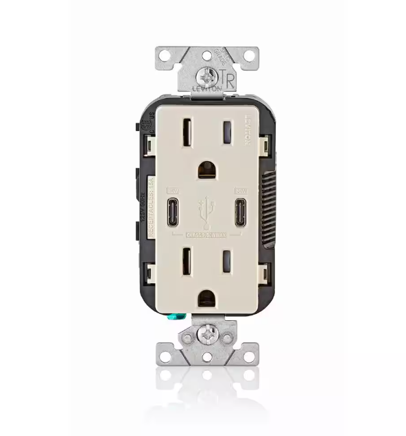 Leviton Decora 15 Amp Tamper Resistant Duplex Outlet with 30W USB-C Power Delivery Charger, Light Almond, (1-Pack) T5635-T