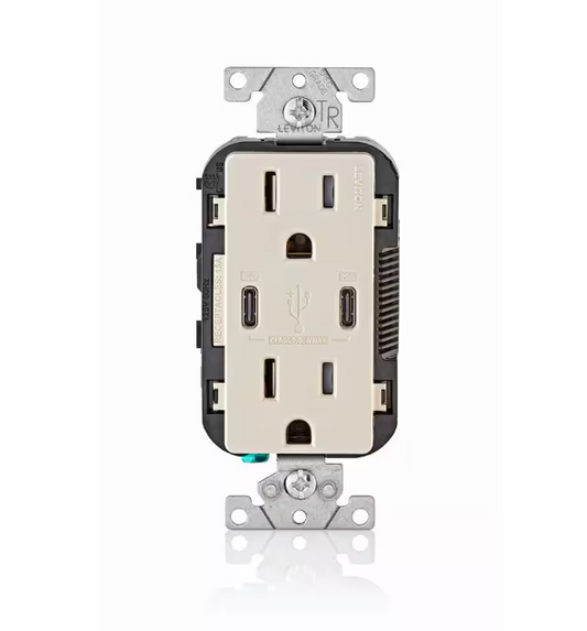 Leviton Decora 15 Amp Tamper Resistant Duplex Outlet with 30W USB-C Power Delivery Charger, Light Almond, (1-Pack) T5635-T