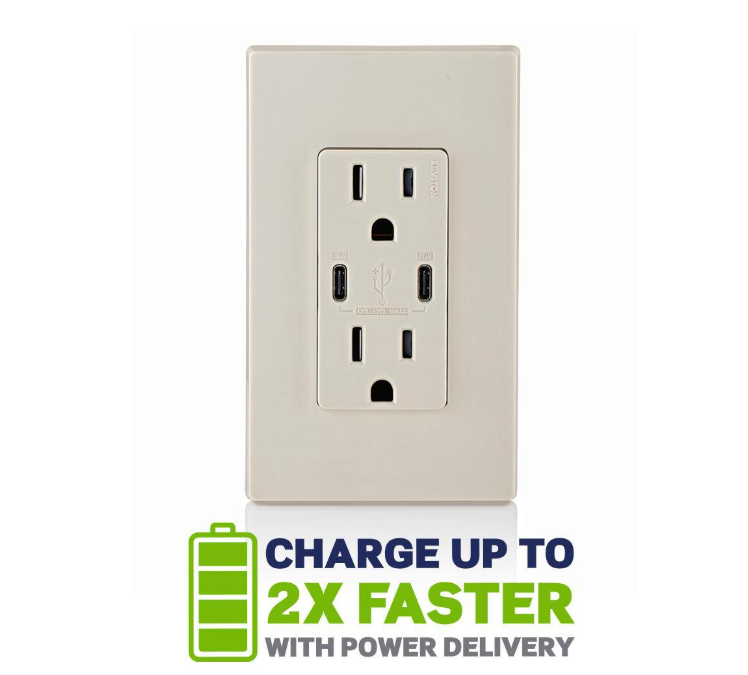 Leviton Decora 15 Amp Tamper Resistant Duplex Outlet with 30W USB-C Power Delivery Charger, Light Almond, (1-Pack) T5635-T