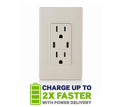 Leviton Decora 15 Amp Tamper Resistant Duplex Outlet with 30W USB-C Power Delivery Charger, Light Almond, (1-Pack) T5635-T