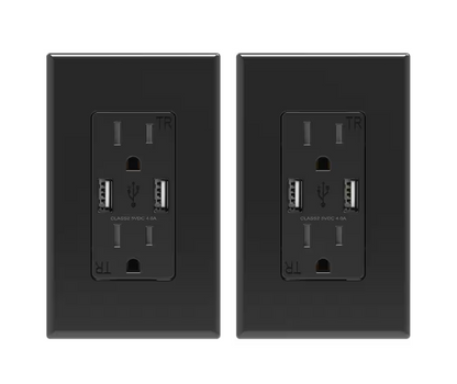 ELEGRP 4 Amp USB Dual Type A In-Wall Charger with 15 Amp Duplex Tamper Resistant Outlet, Wall Plate Included, Black (2-Pack)