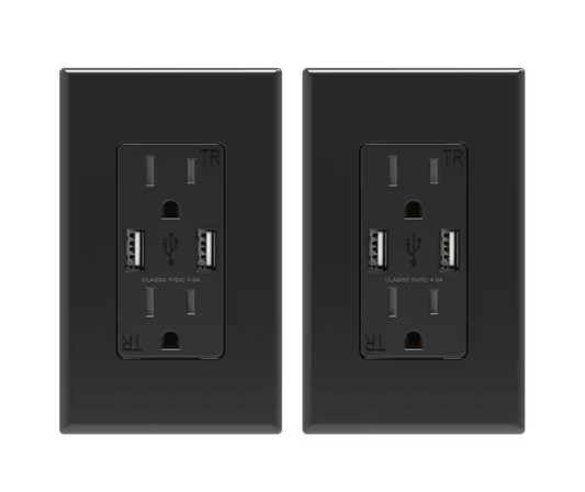 ELEGRP 4 Amp USB Dual Type A In-Wall Charger with 15 Amp Duplex Tamper Resistant Outlet, Wall Plate Included, Black (2-Pack)